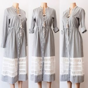 Stripe Cotton Drawstring Crochet Midi Shirt Dress